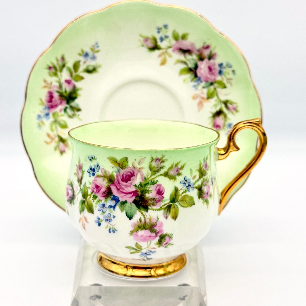 Royal Albert Teacup Saucer Bone China Vintage‎ Green Pink Gold Tone